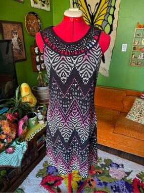 Suzy Shier Black and Pink Crochet-Neck Midi Dress
